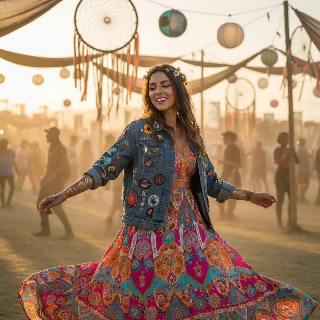 Woman dancing at a festival, wearing a colorful patterned dress and a denim jacket decorated with patches, surrounded by a lively atmosphere with dreamcatchers and lanterns.