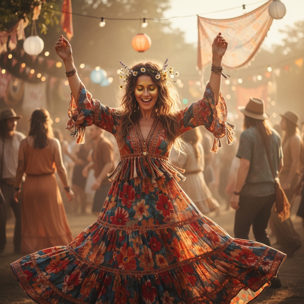 Woman in a colorful floral dress and flower crown joyfully dancing at an outdoor festival, surrounded by other festival-goers and decorative lanterns.