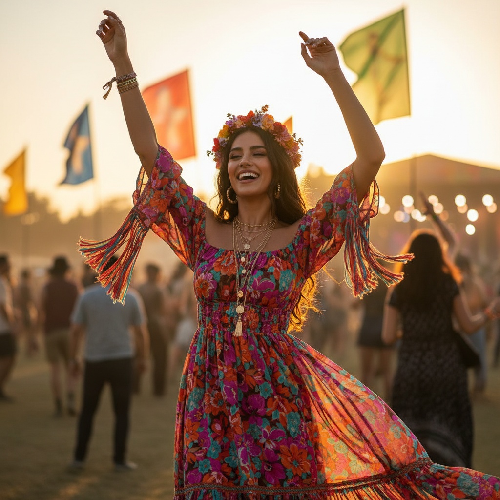 Woman in a vibrant floral dress and flower crown joyfully dancing at an outdoor festival during sunset, with colorful flags and blurred festivalgoers in the background.