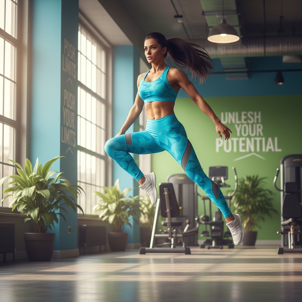 Athletic woman in turquoise activewear performing a jump in a modern gym, with motivational wall art and fitness equipment in the background.