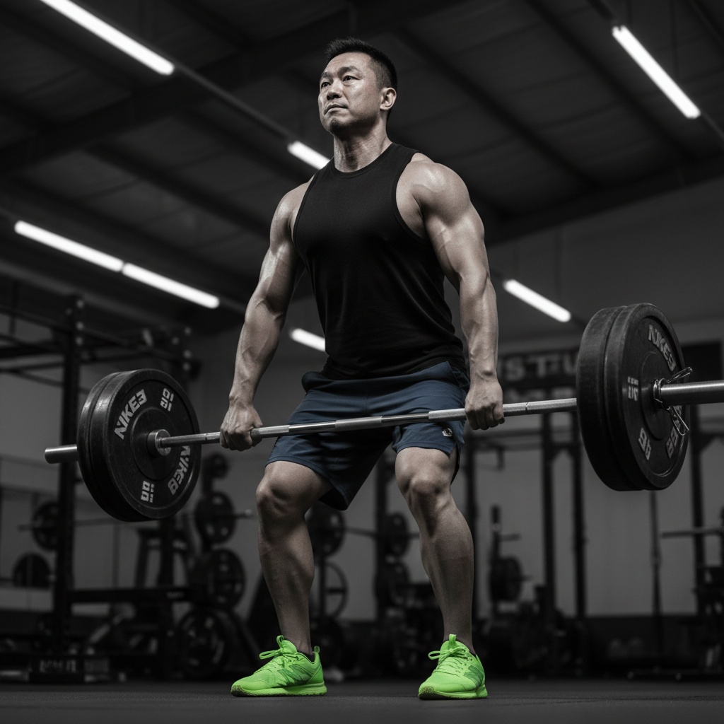 Man performing deadlift with barbell in a gym setting, wearing a black tank top and blue shorts, showcasing muscular physique and vibrant green athletic shoes.