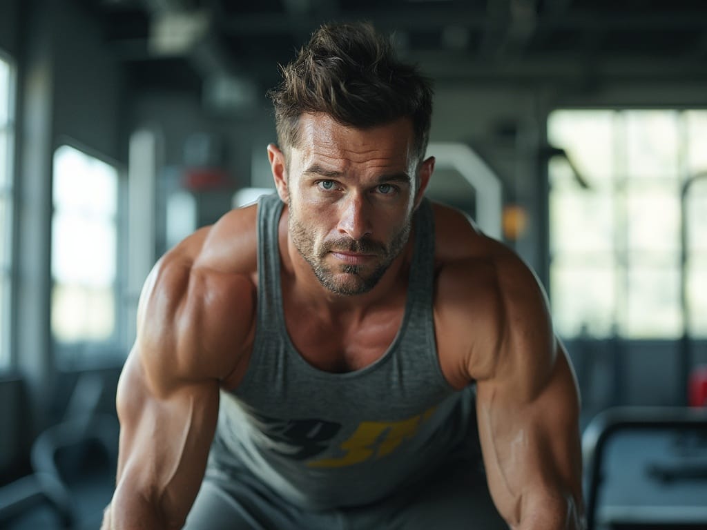Michael, a fit male in his 30s, is captured in a dynamic fitness setting, engaged in an intense workout session. He is wearing a tank top and athletic shorts, showcasing his muscular physique. The background features gym equipment and large windows that allow natural light to flood in, creating a motivating atmosphere. The focus is on his determination and effort, embodying the spirit of fitness and health.