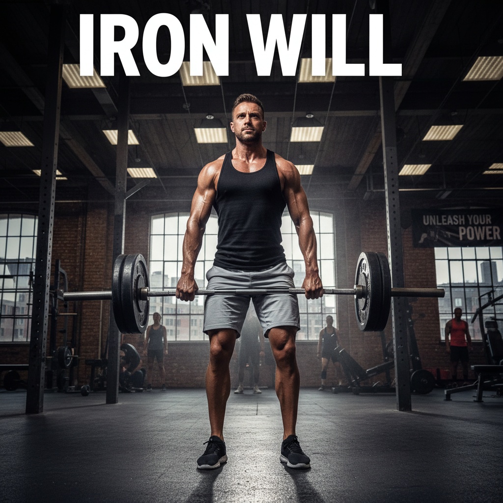 A muscular man lifting a barbell with weights in a gym, showcasing determination and strength, with the text IRON WILL prominently displayed above.