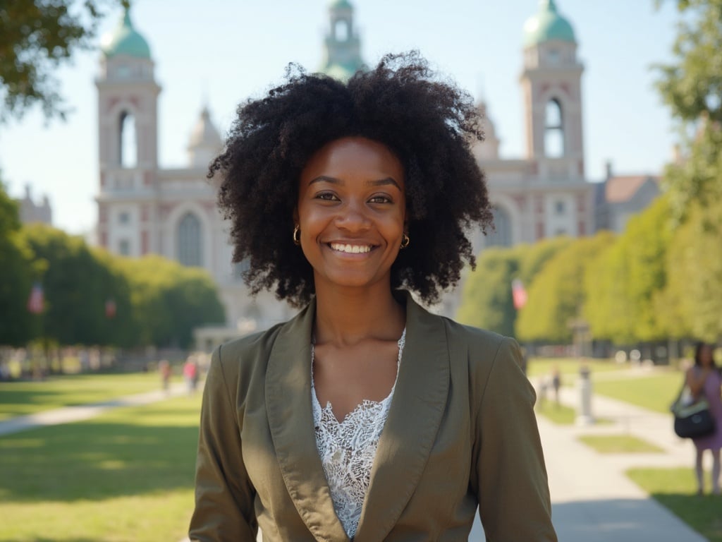 Emily, a 35-year-old black female, standing confidently in front of a prominent campus landmark, showcasing her vibrant personality. She is dressed in professional attire suitable for a university setting, with a slight smile on her face. The backdrop includes iconic architecture and green spaces typical of a lively campus environment, conveying a sense of academic achievement and community. The image is bright and engaging, highlighting Emily's role and presence in this educational setting.