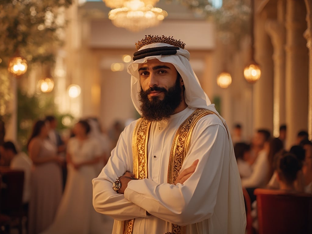 James, a 30-year-old Arab male, dressed in traditional ceremonial attire, standing confidently at an elegant ceremony. The setting is adorned with beautiful decorations, soft lighting enhancing the atmosphere, and guests elegantly dressed in the background. James has a charismatic expression, embodying pride within the cultural significance of the event, capturing the essence of heritage and celebration. The scene is rich in detail, focusing on both James and the surrounding ambiance.