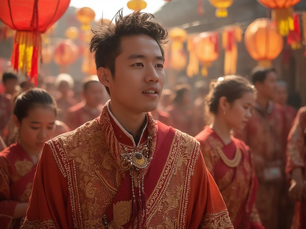 James, a 30-year-old Asian male, dressed in formal attire, participating in a cultural ceremony. The setting is adorned with traditional decorations, colorful banners, and attendees in the background. James is seen engaging in the ceremony, showcasing his pride and cultural heritage. The atmosphere is vibrant and filled with emotions, capturing the significance of the moment.
