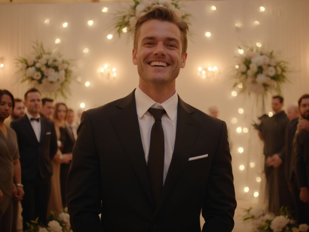Michael, a 25-year-old white male, dressed in a smart formal suit, standing confidently at a ceremony. The setting is decorated with elegant floral arrangements and soft lighting, creating an atmosphere of celebration. Michael has short, neatly styled hair and is smiling warmly, projecting a sense of happiness and pride as he participates in this significant event. The background includes guests in formal attire, adding to the ambiance of the ceremony.