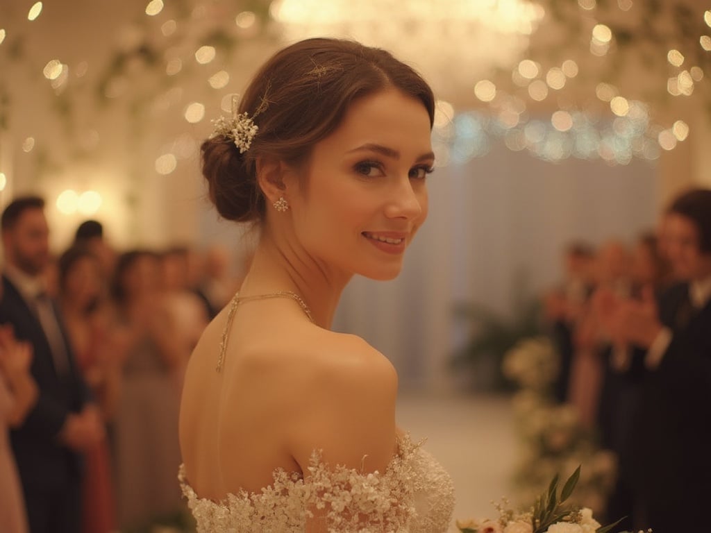 Olivia, a 25-year-old white female, elegantly dressed in a formal gown, standing gracefully at a ceremony setting. She is surrounded by softly lit decorations, creating an enchanting ambiance. Olivia is smiling, with her hair styled in an updo, embodying poise and beauty. The background features soft floral arrangements and subtle lighting, enhancing the celebratory atmosphere, with guests in the distance clapping and cheering for the occasion.