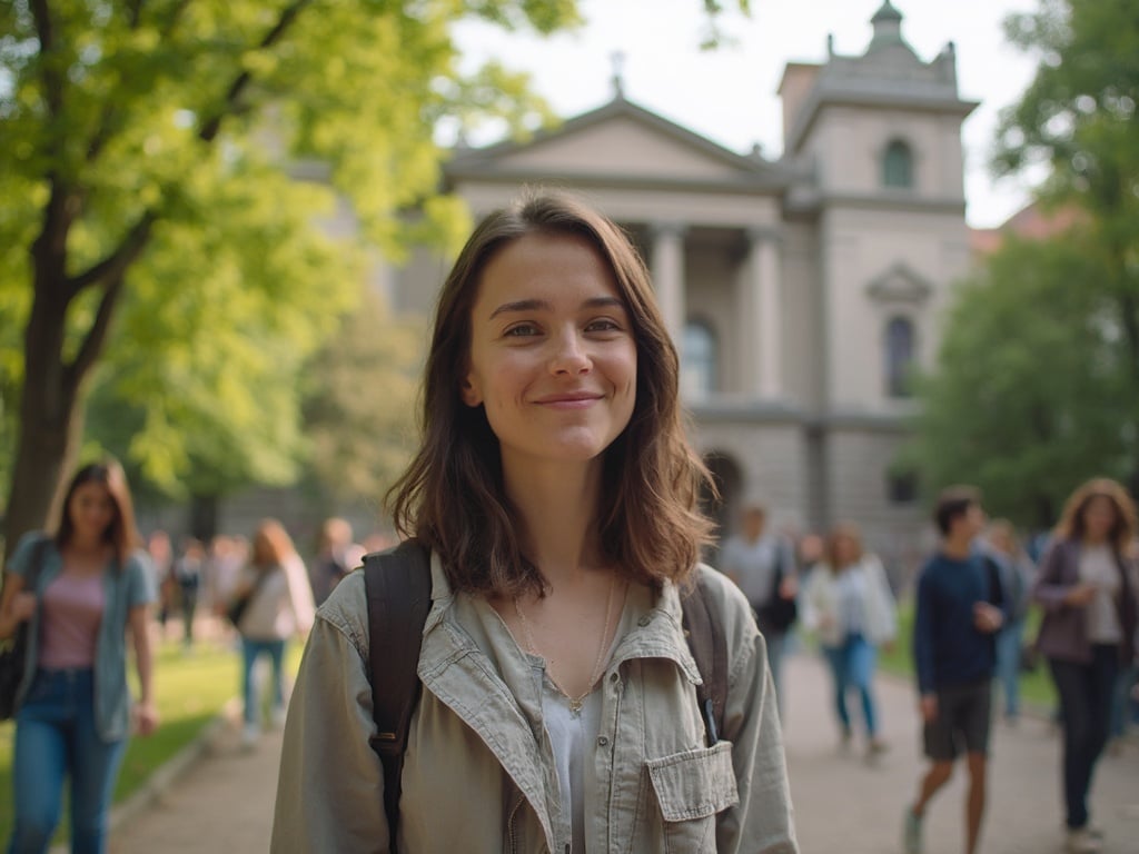Jane, a 30-year-old white female, is captured in a college setting, standing in front of a historic building filled with students. She has shoulder-length brown hair and wears a casual yet stylish outfit. The background features classic college architecture and green trees, providing a vibrant and academic atmosphere, symbolizing her pursuit of knowledge and growth. The image conveys a sense of youth and ambition, complemented by the engaging campus life around her.