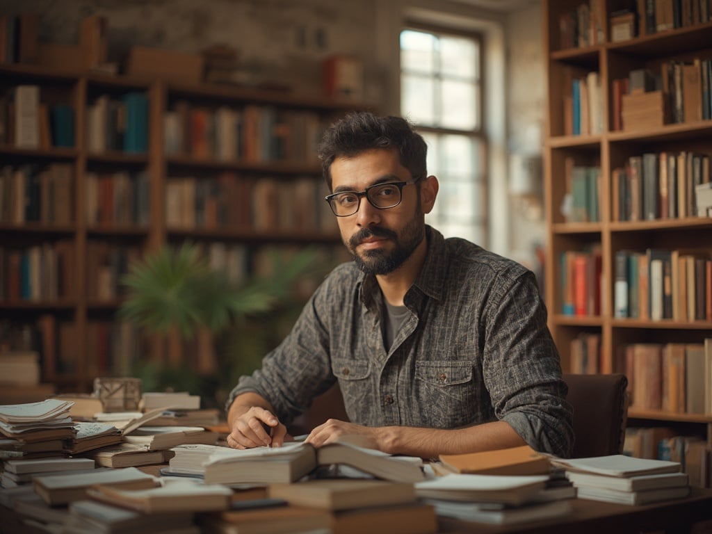 John, a 35-year-old Latin male, is sitting in a college library surrounded by books. He is wearing casual attire, glasses, and has a thoughtful expression as he studies. The setting is warm and inviting, with natural light streaming through the windows, highlighting the rich wooden shelves filled with academic materials, creating a focused yet relaxed atmosphere.
