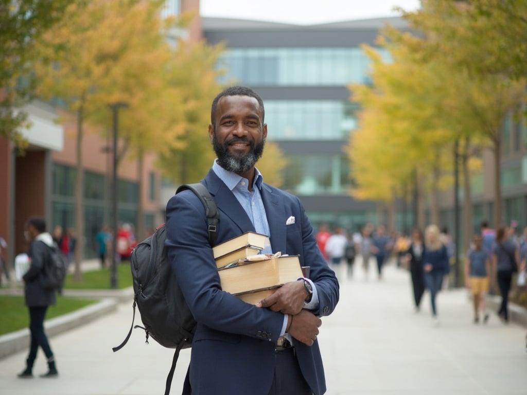 Michael, a 40-year-old Black male, stands confidently on a college campus. He is dressed in casual smart attire, carrying a stack of books under one arm. The setting showcases a vibrant college atmosphere with students walking in the background, tree-lined pathways, and modern campus buildings, illustrating his connection to education and mentorship.