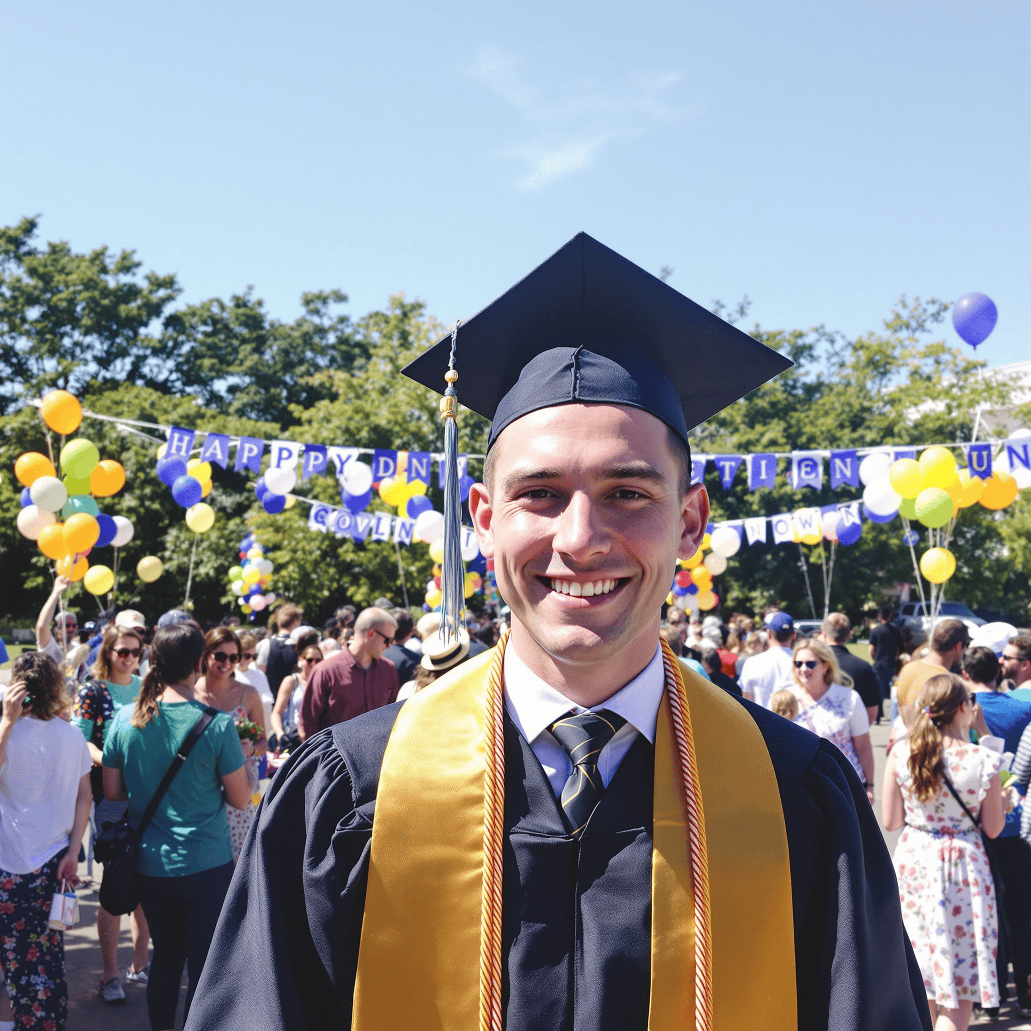 David, a 25-year-old male graduate, smiling brightly at his graduation ceremony. He is wearing a traditional cap and gown, standing outdoors with friends and family in the background enjoying the celebration. The setting is filled with balloons and banners, capturing a joyful and momentous occasion, with a clear blue sky above.