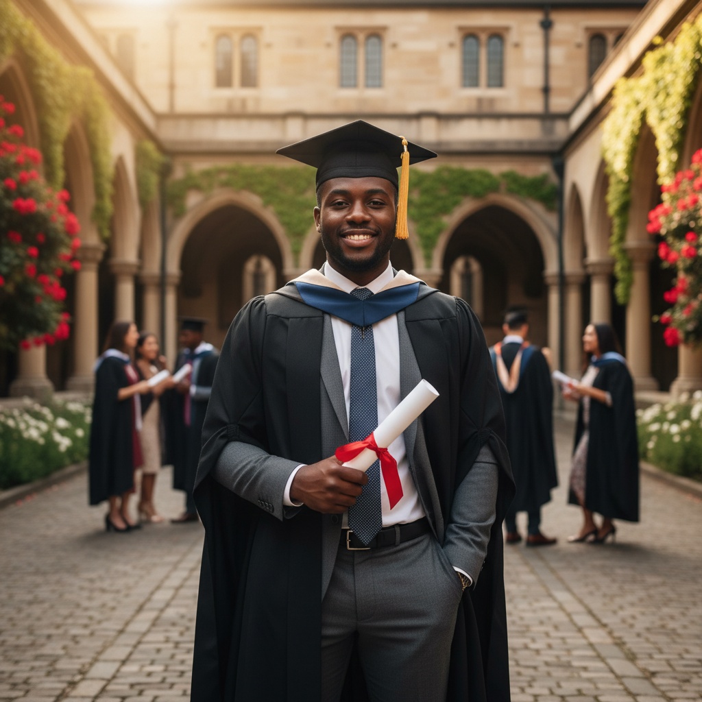 John, a 27-year-old Black male graduate, stands confidently at the center of a majestic university courtyard, dressed in a classic black graduation gown over a tailored charcoal suit. His mortarboard is tilted jauntily, adorned with a vibrant tassel reflecting the university's colors. Sunlight filters through the arches surrounding him, creating an ethereal glow that accentuates his proud smile and the spark of achievement in his eyes. He holds a rolled diploma in one hand while his other hand is tucked casually into his pocket, embodying a relaxed yet sophisticated aura. Ivy-covered stone walls and blooming flowers serve as the backdrop, emphasizing the spirit of new beginnings and scholarly success. His strong stance projects ambition and readiness for the future, encapsulating the joy and celebration of this transformative moment.