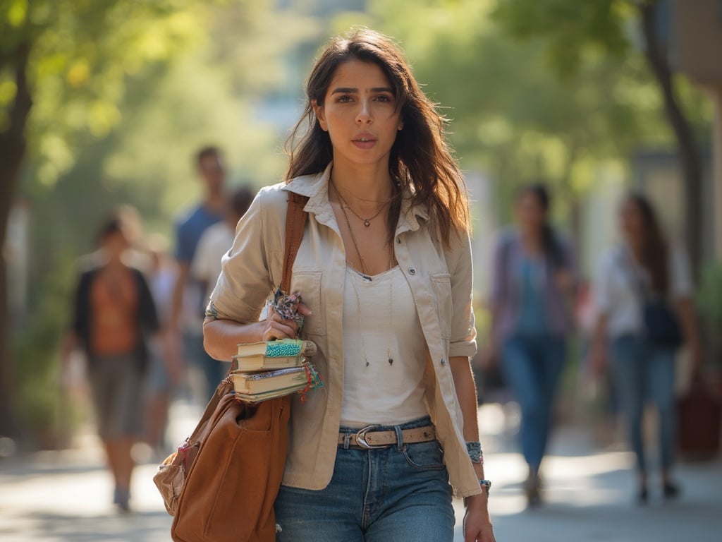 Olivia, a 30-year-old Latina woman, walking confidently on a university campus. She is dressed in a stylish casual outfit, carrying a stack of books and a laptop bag. The setting is vibrant with students in the background, surrounded by trees and buildings, capturing the lively atmosphere of campus life. The scene reflects her focus and determination as she navigates her day.