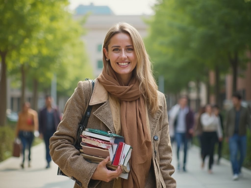 Sarah, a 40-year-old Middle Eastern woman, is walking through a vibrant campus filled with greenery and students. She is dressed in a smart-casual outfit, exuding confidence as she carries a stack of books under one arm. The setting is lively, with university buildings in the background, capturing the essence of academic life. Her expression is warm and approachable, reflecting her engaging personality.