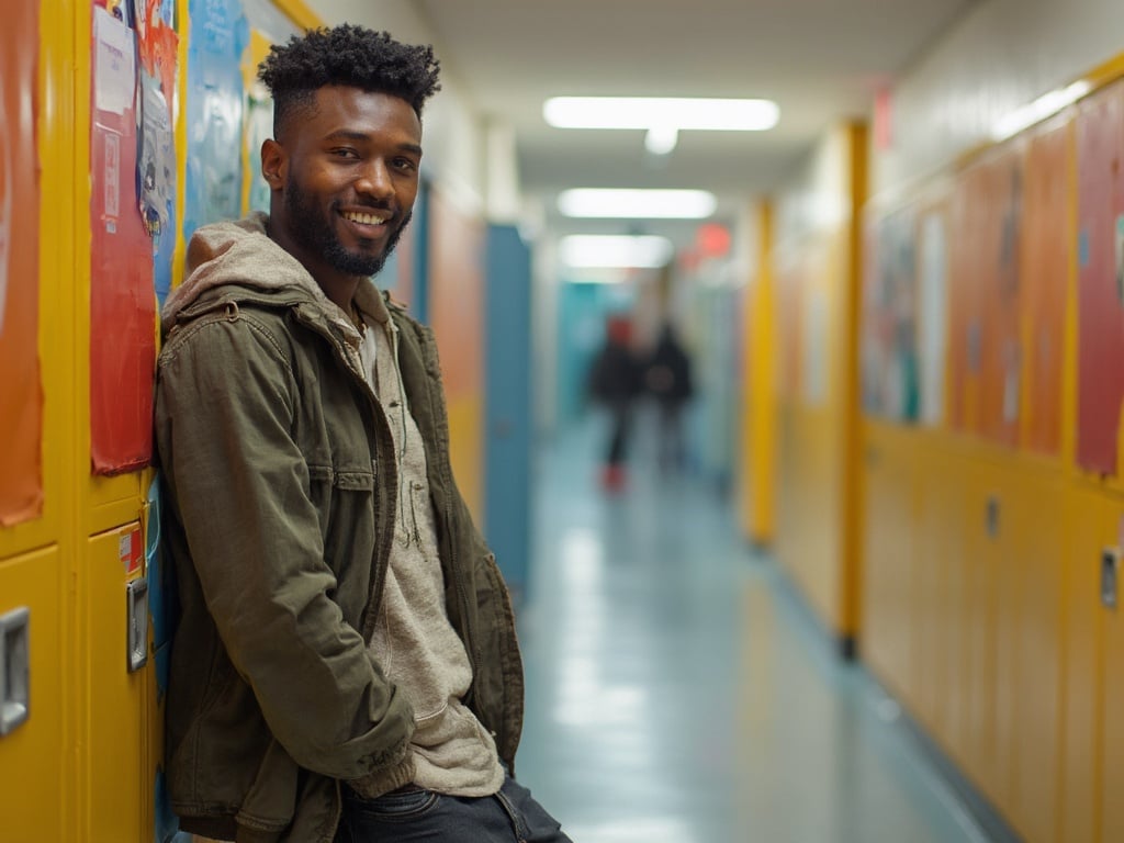 David, a 30-year-old Black male standing in a high school hallway, dressed in a casual yet stylish outfit. With a confident smile, he leans against a locker, surrounded by colorful lockers and school posters. The atmosphere reflects a vibrant educational environment, showcasing the youthful spirit and positivity of the high school life.