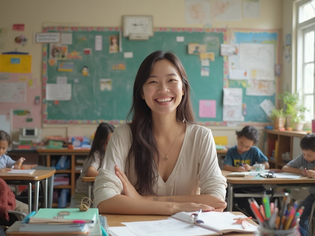 Sarah, a vibrant Asian female in her 30s, is setting in a high school classroom filled with educational materials and posters on the walls. She is smiling warmly, standing by a desk with books and stationery, embodying a supportive and engaging teacher role. The atmosphere is bright and inviting, capturing the essence of learning and connection in an educational environment.