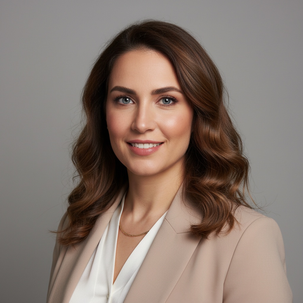 Professional headshot of a woman with wavy brown hair, wearing a beige blazer over a white top, smiling against a neutral gray background.