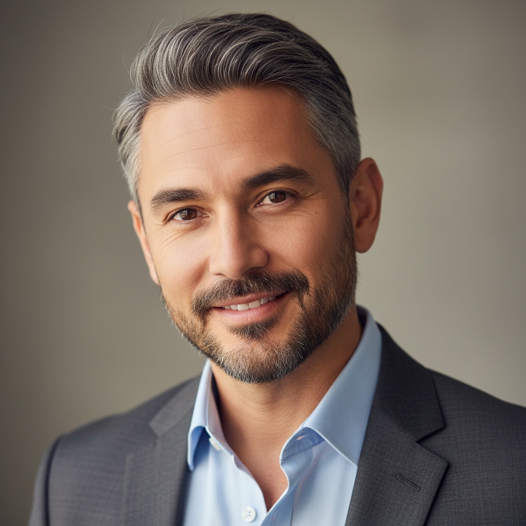 Professional portrait of a confident middle-aged man with grey hair and a beard, wearing a suit and light blue shirt, smiling against a neutral background.