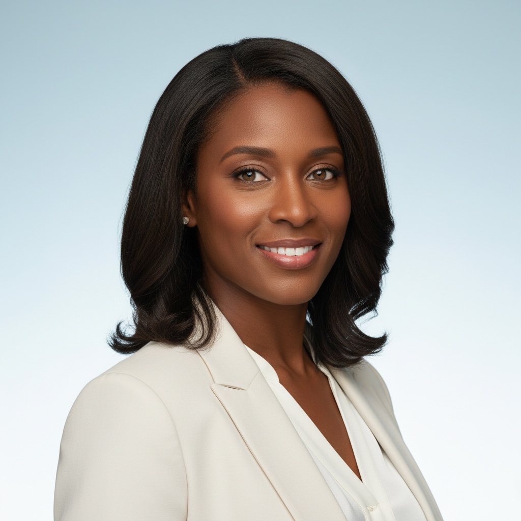 Professional headshot of a confident woman with long, dark hair, wearing a light-colored blazer and smiling against a soft blue background.