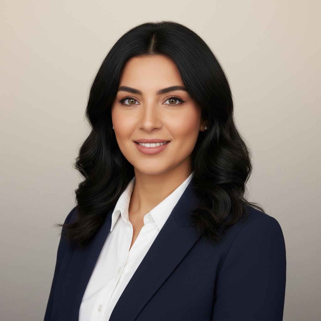 Professional portrait of a woman with long black hair, wearing a dark suit and white shirt, smiling against a neutral background.