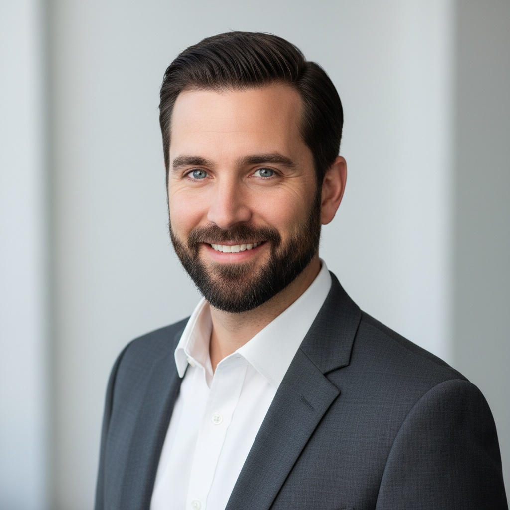 Smiling professional man in a gray suit and white shirt against a light background.