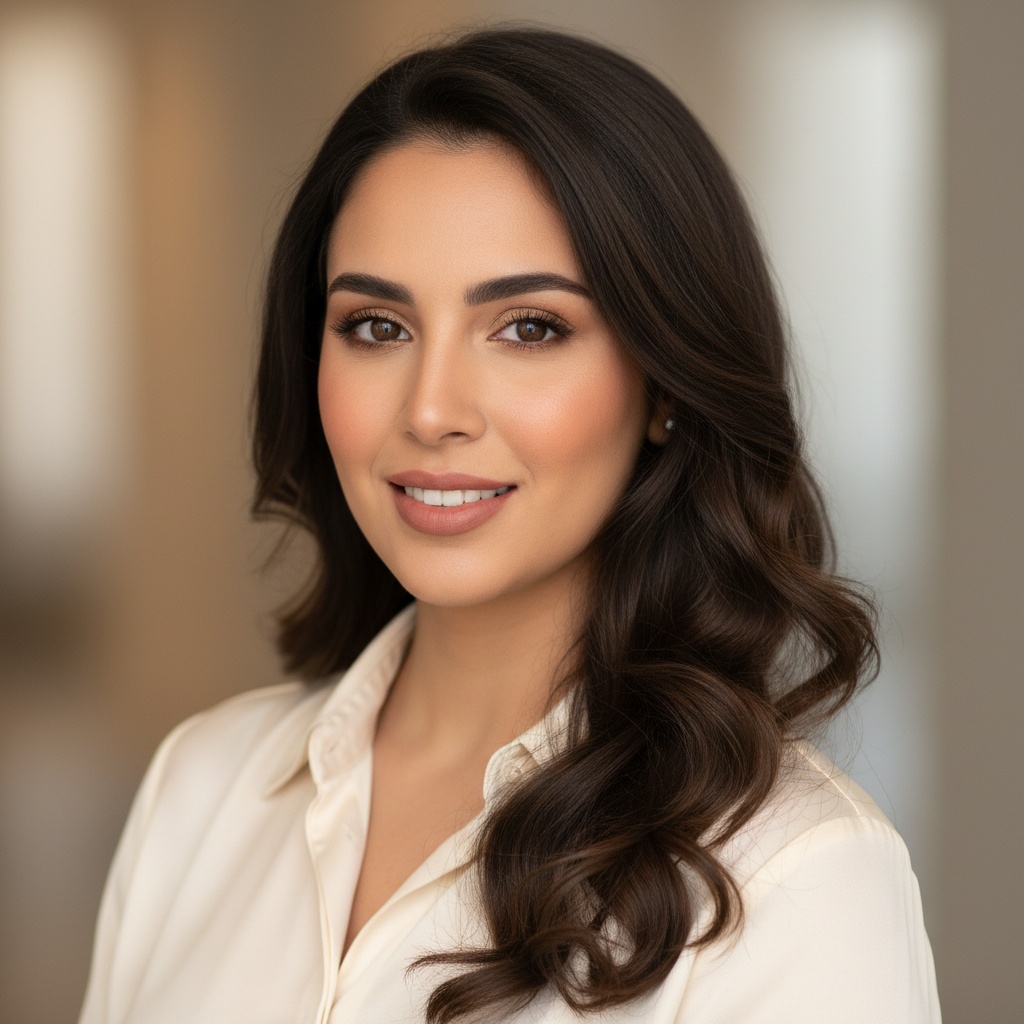 Stylish woman with long, wavy hair and a warm smile, wearing a light-colored blouse, against a softly blurred background.