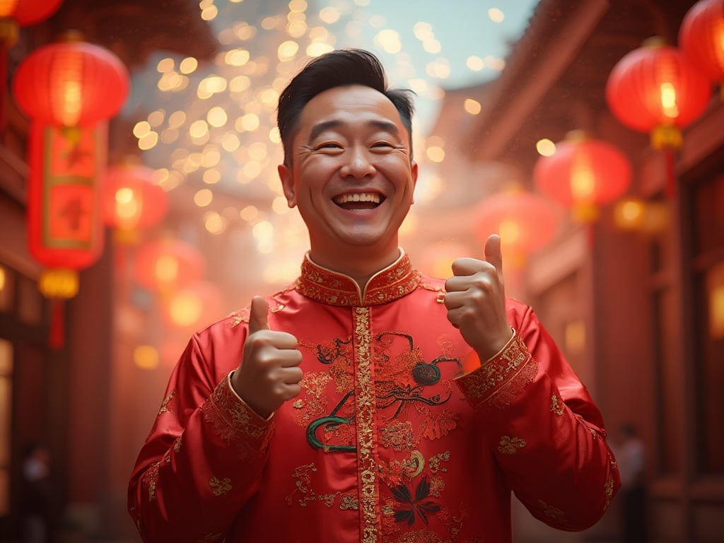 John, a 35-year-old Asian male, dressed in traditional Chinese attire, celebrating Chinese New Year with vibrant decorations around him. The scene is filled with red lanterns, fireworks in the background, and a festive atmosphere capturing the essence of joy and togetherness during the celebration. John's expression is joyful, highlighting the cultural significance of the holiday.