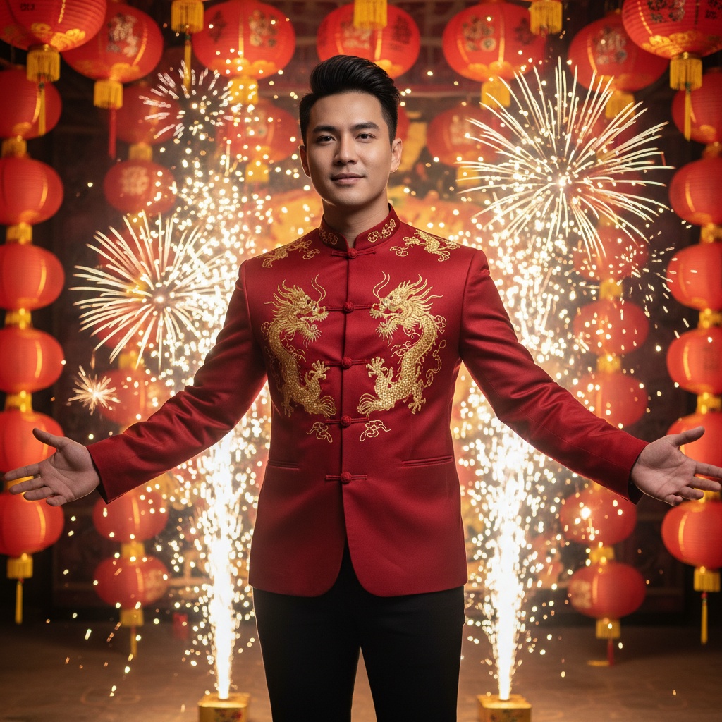 John, a striking 26-year-old Asian male, exuding confidence and elegance, captured in vibrant celebration of the Chinese New Year. He wears a tailored crimson silk mandarin-collared jacket embroidered with intricate golden dragon motifs, paired with black fitted trousers. His modern hairstyle reflects the festive lights around him. The background is filled with red lanterns and golden decorations, casting a warm glow. Standing amidst swirling fireworks, arms outstretched in joyful celebration, John's charismatic expression embodies the spirit of renewal and festivity. The shot employs dramatic chiaroscuro lighting, enhancing the festive atmosphere and cultural heritage of the celebration.