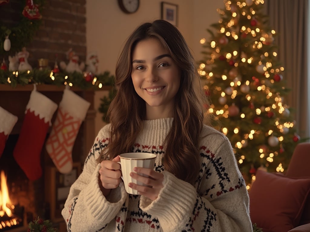 Emily, a 35-year-old Middle Eastern female, is surrounded by festive Christmas decorations in a cozy living room. She is wearing a stylish winter sweater, smiling as she holds a cup of hot cocoa. The setting includes a beautifully decorated Christmas tree with twinkling lights, stockings hanging on the mantle, and holiday ornaments creating a warm and cheerful atmosphere.