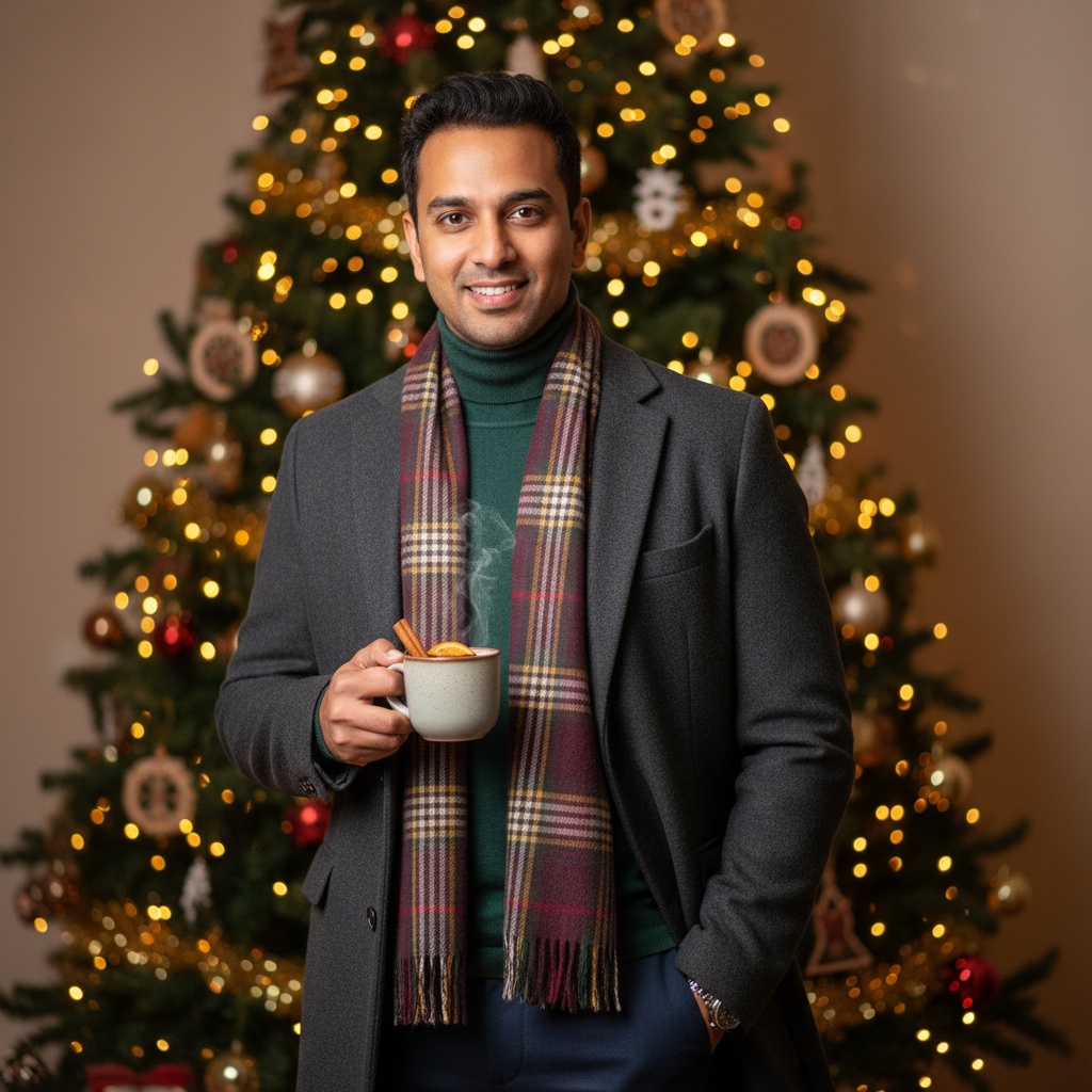 Michael, a 35-year-old Indian man, radiates holiday charm in a festive editorial portrait. He is enveloped in the warm glow of twinkling Christmas lights, wearing a tailored charcoal wool overcoat over a rich forest green cashmere turtleneck. A classic plaid scarf in burgundy and gold drapes around his neck, complemented by dark tailored trousers. His relaxed pose includes one hand casually in his pocket while he holds a steaming cup of spiced mulled wine. His warm and inviting expression reflects the spirit of togetherness and comfort during the holiday season. The backdrop features a majestic evergreen tree adorned with handcrafted ornaments and shimmering gold garlands, enhanced by the ethereal glow of twinkling lights that create a bokeh effect, evoking nostalgia and warmth for a modern holiday editorial.