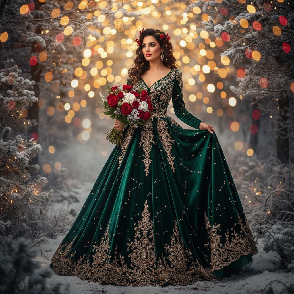 Olivia, a 32-year-old Middle Eastern woman, embodies the enchantment of the Christmas season in an editorial portrait reminiscent of a festive fairy tale. She stands gracefully in a lush, snow-dusted forest clearing, wearing a sumptuous emerald green velvet ball gown adorned with intricate gold embroidery that glimmers like starlight. Her soft, tousled waves are entwined with delicate sprigs of holly and twinkling fairy lights, adding an ethereal touch. The warm, golden bokeh lights frame her pose, as she holds a bouquet of rich red roses and white winter blooms in one hand and delicately touches the hem of her gown with the other. The artful composition uses chiaroscuro lighting to enhance her features, making it a striking representation of a modern Christmas queen for a high-fashion editorial spread in a publication like Vogue Italia. The scene captures the joy and warmth of the holiday spirit, creating a magical atmosphere.