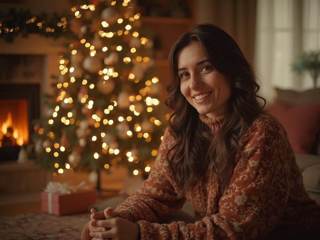 A 35-year-old Arab woman, Sarah, celebrating Christmas in a cozy living room decorated with festive ornaments. She is wearing a warm, elegant holiday sweater, sitting by a beautifully adorned Christmas tree, with twinkling lights in the background and soft, inviting colors. The scene captures the warmth and joy of the holiday season, evoking a sense of tradition and celebration.