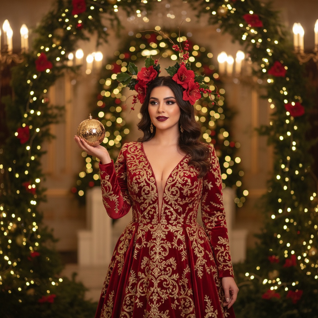 Sarah, a captivating 25-year-old Middle Eastern woman, embodies the enchanting spirit of Christmas in an opulent high-fashion editorial scene. She stands gracefully in an ivy-draped ballroom adorned with twinkling fairy lights and lush evergreen branches. Dressed in a sumptuous red velvet gown featuring intricate gold embroidery and a plunging neckline, she exudes luxury. Her hair cascades in loose waves, adorned with a whimsical headpiece of holly and amaryllis. Soft, diffused lighting enhances her radiant makeup with golden shimmer and deep burgundy lips. One hand playfully holds a sparkling ornament, capturing the magic of the holiday season in an atmosphere that evokes nostalgia and festive cheer, perfectly suited for a sophisticated magazine cover or contemporary art gallery wall. The composition utilizes a golden ratio, emphasizing her elegant form amid negative space, creating a moment of joyful anticipation.