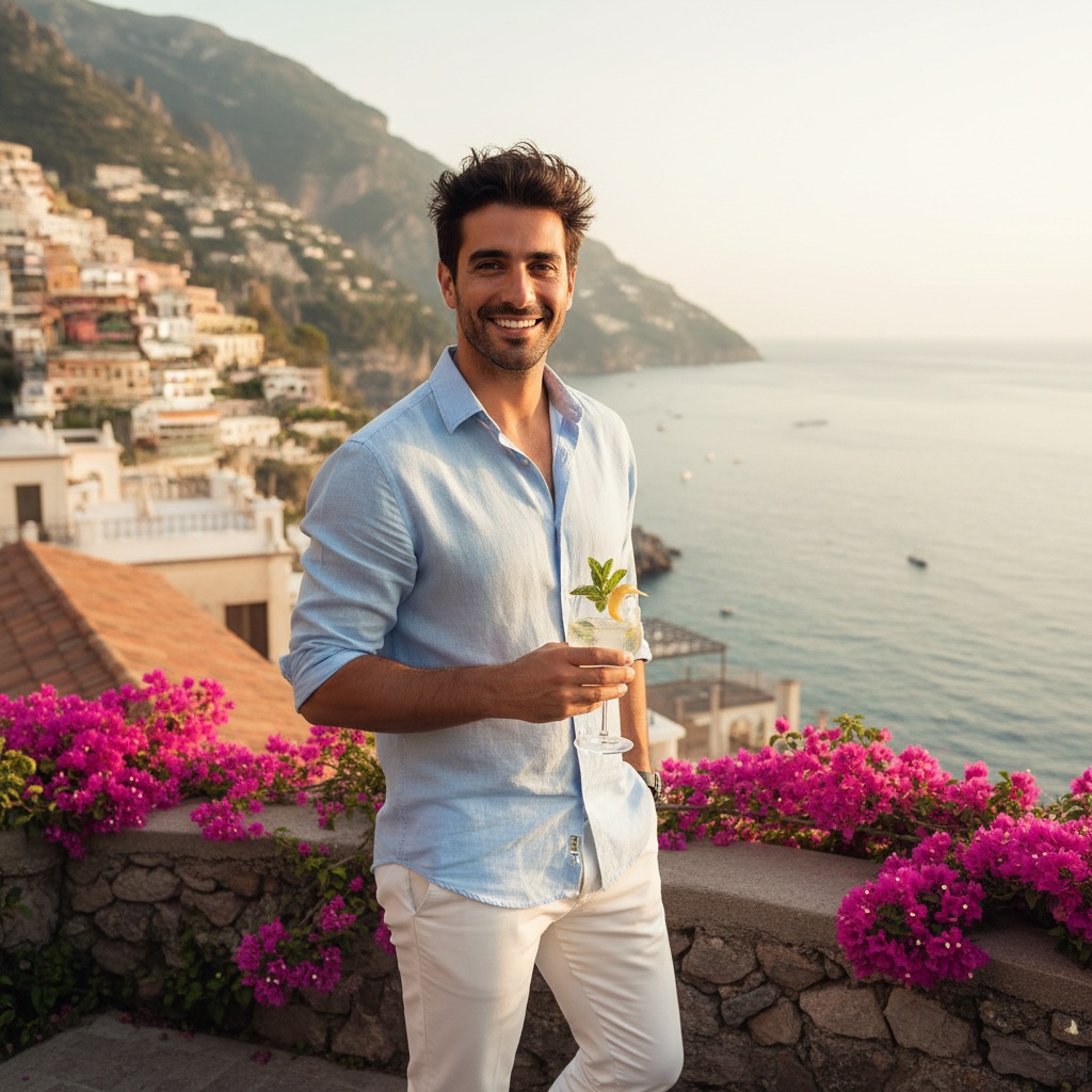John, a dapper 26-year-old Middle Eastern man, exuding effortless charm, stands at the edge of a charming cliffside terrace reminiscent of the Amalfi Coast. He wears a fitted light linen shirt in soft ocean blue, sleeves rolled up, and tailored white trousers over sleek espadrilles. The warm golden sunlight highlights his tousled dark hair, and one hand lifts a refreshing cocktail with a twist of citrus and a sprig of mint. The idyllic background features terracotta rooftops and shimmering azure waters under the Mediterranean sun, with climbing bougainvillea adding vibrant pops of magenta, capturing the essence of a modern gentleman on holiday—sophisticated yet relaxed, embodying luxury and adventure. The scene radiates holiday bliss and joy.