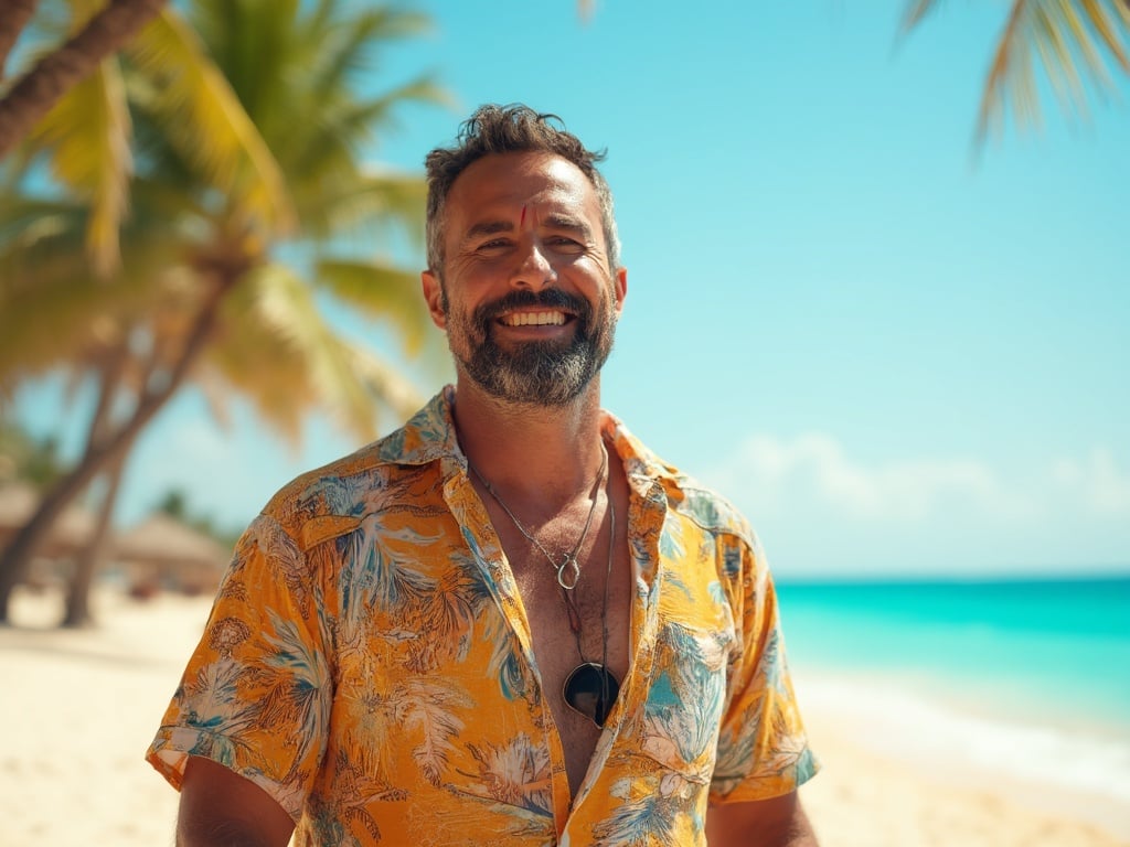 Michael, a 40-year-old Latin male, enjoying a cheerful holiday setting. He is casually dressed in a vibrant summer outfit, smiling and standing in front of a picturesque beach with palm trees and clear blue skies. The atmosphere is festive, reflecting relaxation and joy, capturing the essence of a perfect holiday getaway.