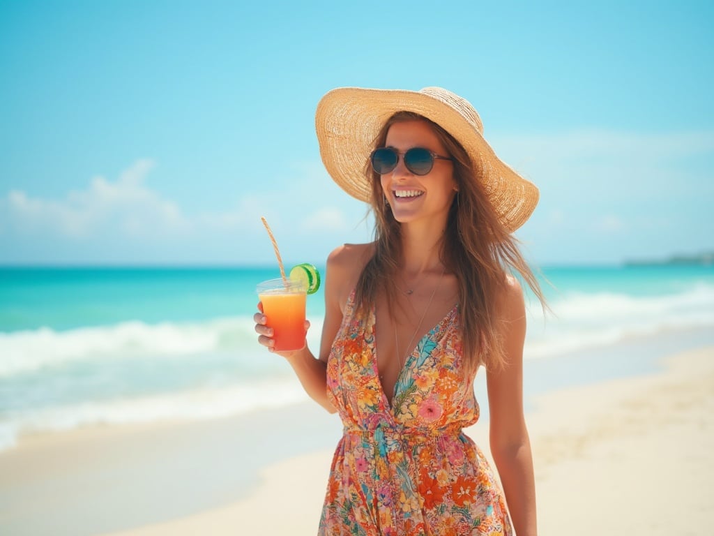 A 25-year-old Arab female, Sarah, enjoying her holiday on a beautiful sandy beach. She is wearing a colorful beach dress and a wide-brimmed hat, smiling while holding a tropical drink. The backdrop features a stunning ocean view with gentle waves and a bright blue sky, capturing the essence of relaxation and joy during a holiday getaway.