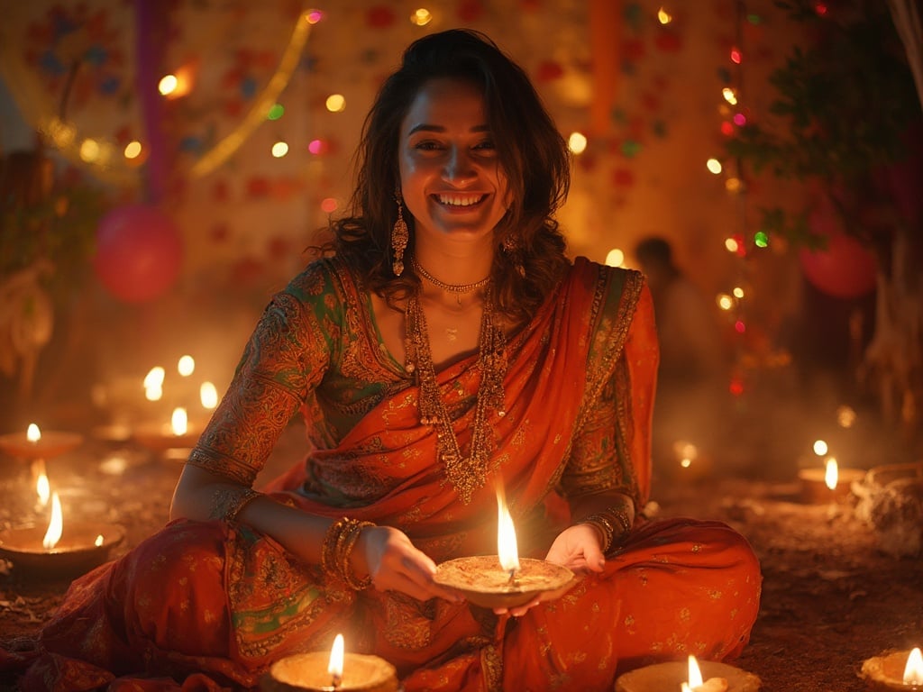 Emily, a 35-year-old Arab woman dressed in a colorful traditional attire celebrating Diwali. She is surrounded by beautifully lit diyas and vibrant decorations, with a joyful expression on her face. The setting showcases the festive atmosphere of Diwali, highlighting the intricate patterns and rich colors of her outfit. The warm glow of the lights creates a magical ambiance.