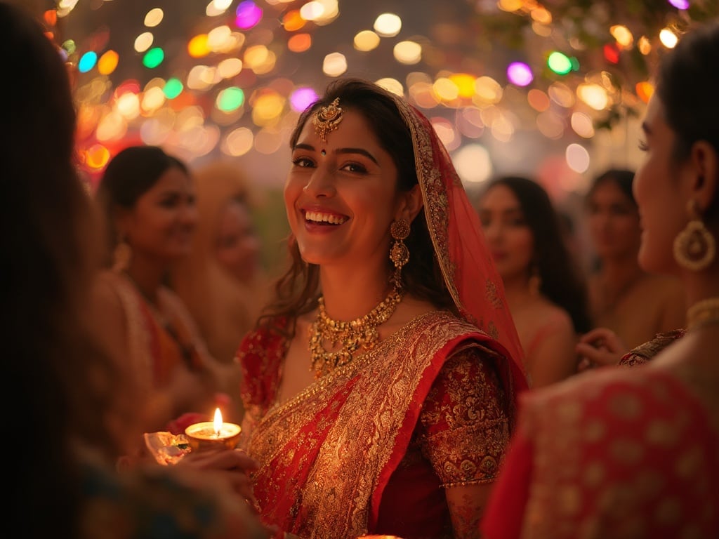 Jane, a 30-year-old Caucasian female, dressed in a beautiful traditional Indian outfit adorned with intricate patterns and vibrant colors, celebrating Diwali. The scene is filled with festive decorations, including colorful lights and candles illuminating her joyful expression. Jane is surrounded by friends and family, capturing the warmth and festive spirit of the Diwali celebration in an elegant indoor setting.