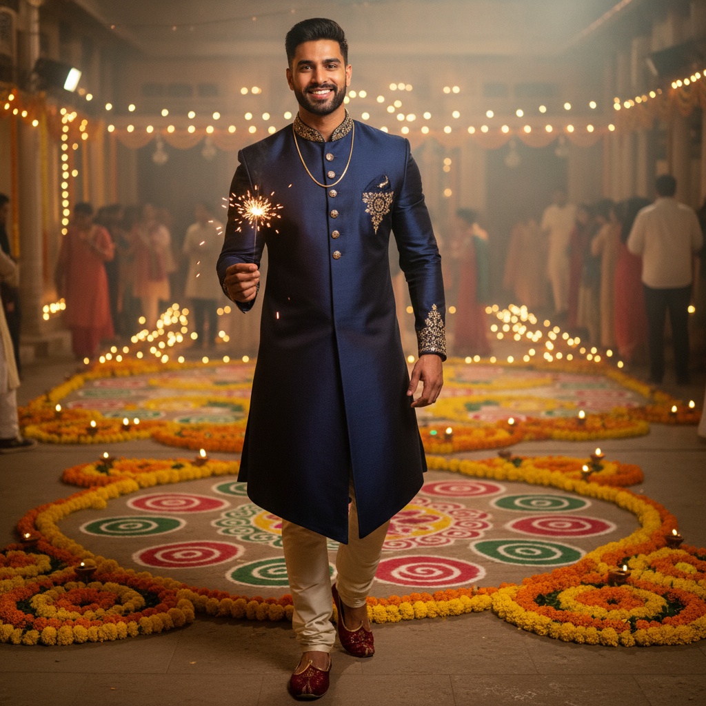 John, a 25-year-old Arab male, stands amidst the warm glow of flickering diyas during Diwali, showcasing a blend of modernity and tradition. Dressed in a bespoke deep navy blue silk sherwani with gold hand-embroidered motifs, he has an athletic frame highlighted by a tailored fit and asymmetrical hem. Adorned with a delicate gold chain and deep crimson mojari shoes, he strikes a relaxed yet poised pose, holding a sparkler that lights up his warm smile. The intimate lighting casts soft shadows on his face, accentuating his strong jawline. The colorful rangoli designs and marigold flowers in the bustling courtyard enrich the cultural backdrop, embodying the festive spirit of Diwali.