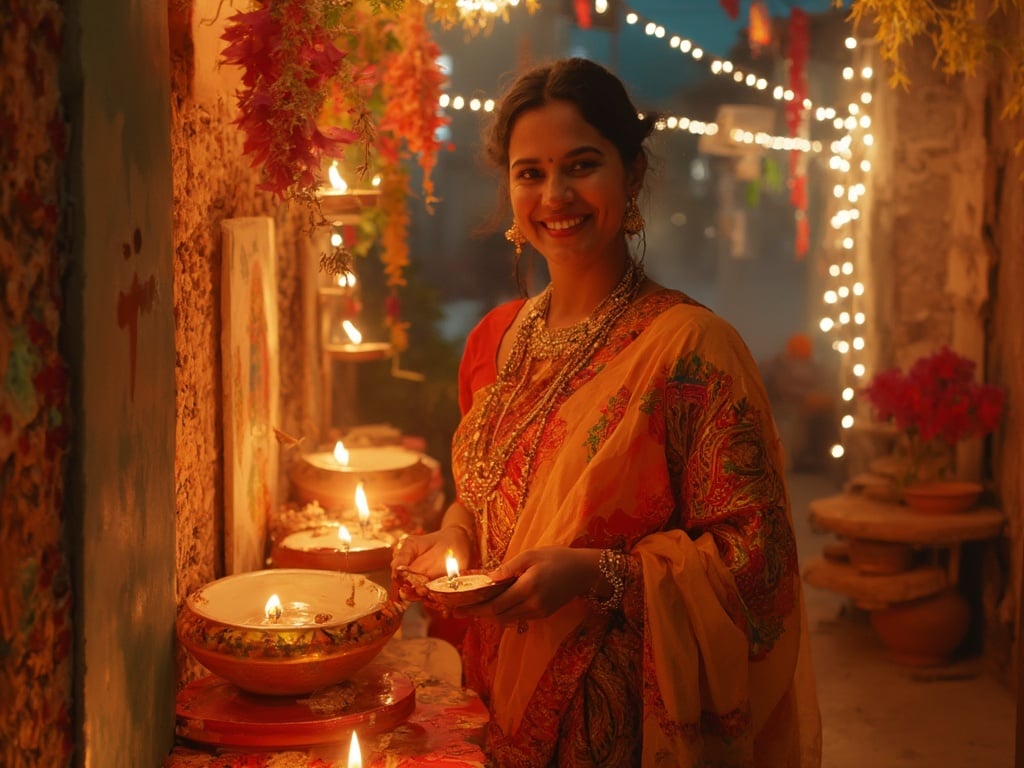 Olivia, a 35-year-old Indian female, dressed in a vibrant traditional saree, surrounded by the festive atmosphere of Diwali celebrations. The scene is adorned with colorful rangoli patterns, flickering diyas (oil lamps), and joyful decorations, capturing the essence of this cultural festival. Olivia is smiling warmly, embodying the joy and spirit of Diwali, with twinkling lights in the background enhancing the festive mood.