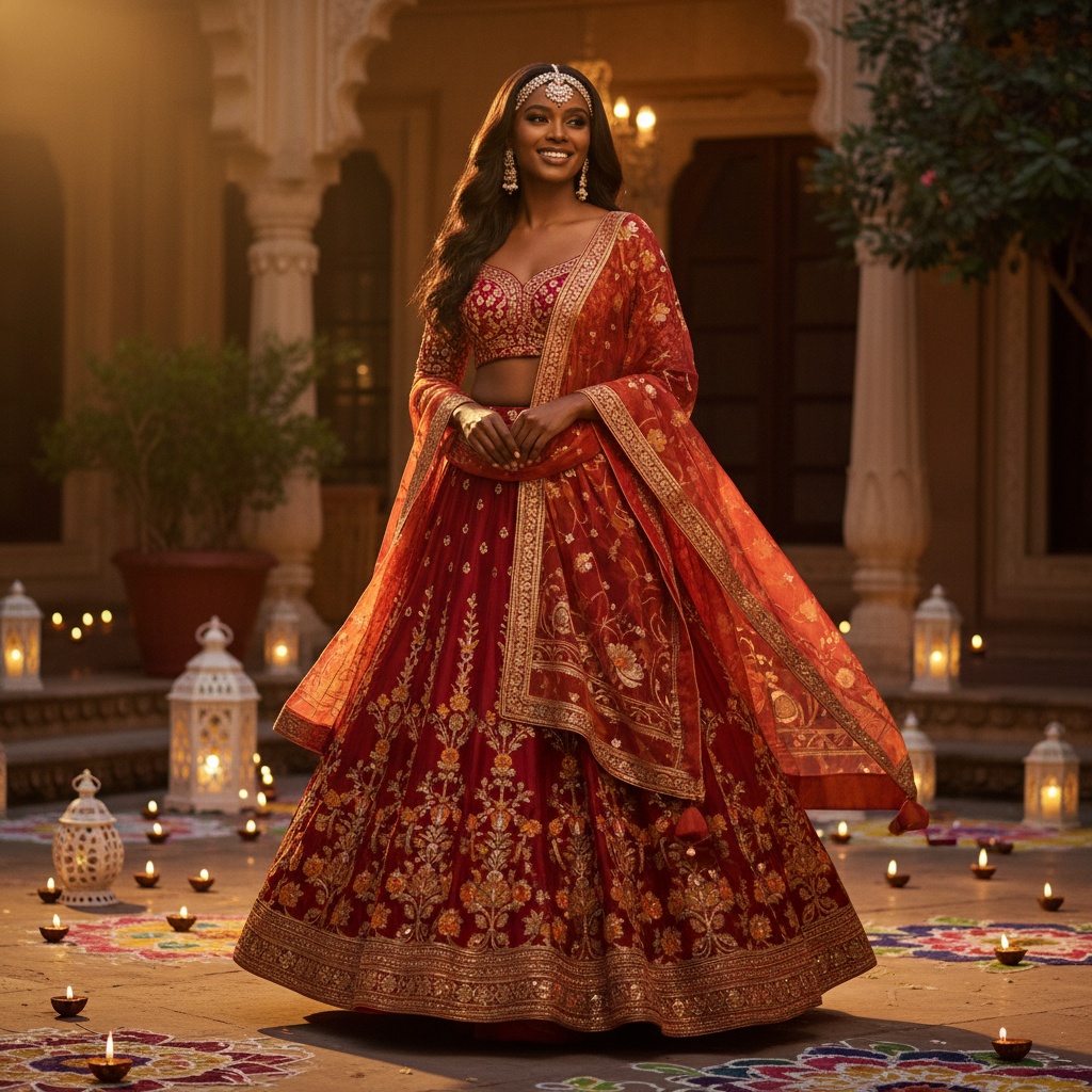 Sarah, a stunning 28-year-old black woman, embodies the spirit of Diwali in a radiant fashion editorial. She is draped in a breathtaking lehenga made from rich, hand-embroidered chiffon georgette in deep maroon and gold, shimmering like flickering diyas. Intricate golden floral motifs cascade down the skirt, complemented by a matching dupatta that frames her silhouette with ethereal elegance. Her long, dark hair flows in soft waves, adorned with a traditional maang tikka and dazzling statement earrings. Surrounded by vibrant rangoli designs and flickering lanterns in an opulent courtyard, she strikes a celebratory pose, capturing the essence of light, love, and unity. The low, warm lighting enhances her radiant smile and the details of her attire, creating an enchanting glow that makes this photo perfect for a high-fashion magazine.  The image is rich in cultural heritage with contemporary flair.