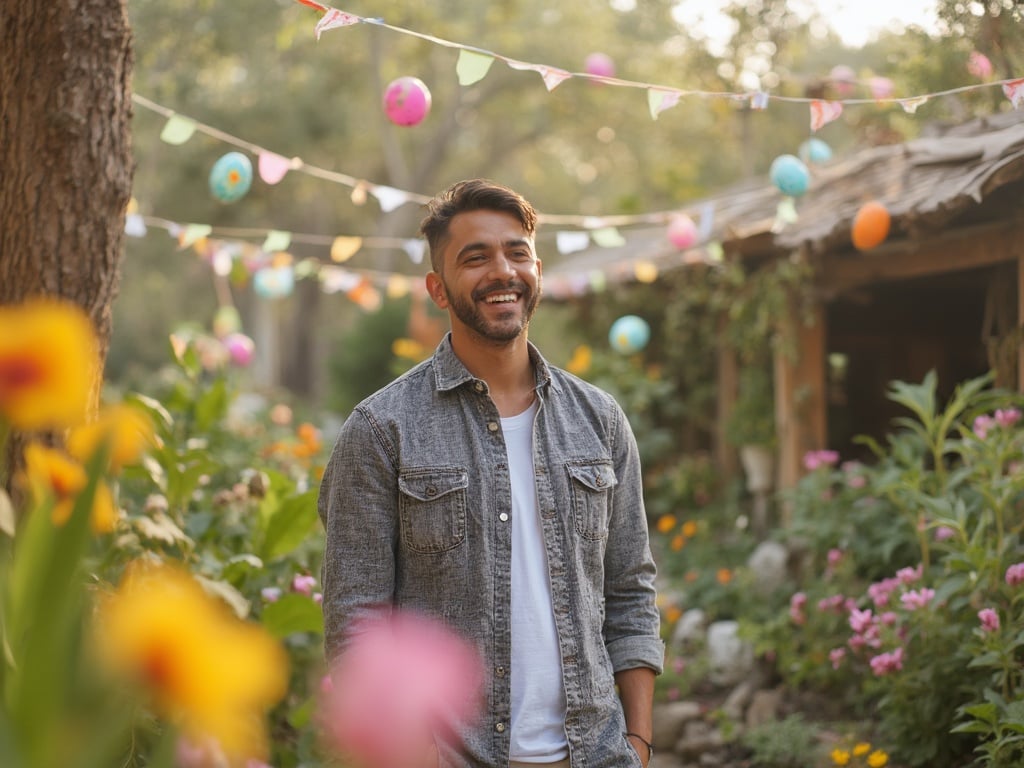 James, a Latin male in his 35s, is celebrating Easter in a festive outdoor setting filled with colorful decorations and spring flowers. He's wearing a stylish, casual outfit and has a joyful expression as he engages with friends and family during the celebration. The background is lively with Easter eggs and blooming plants, capturing the essence of renewal and joy.