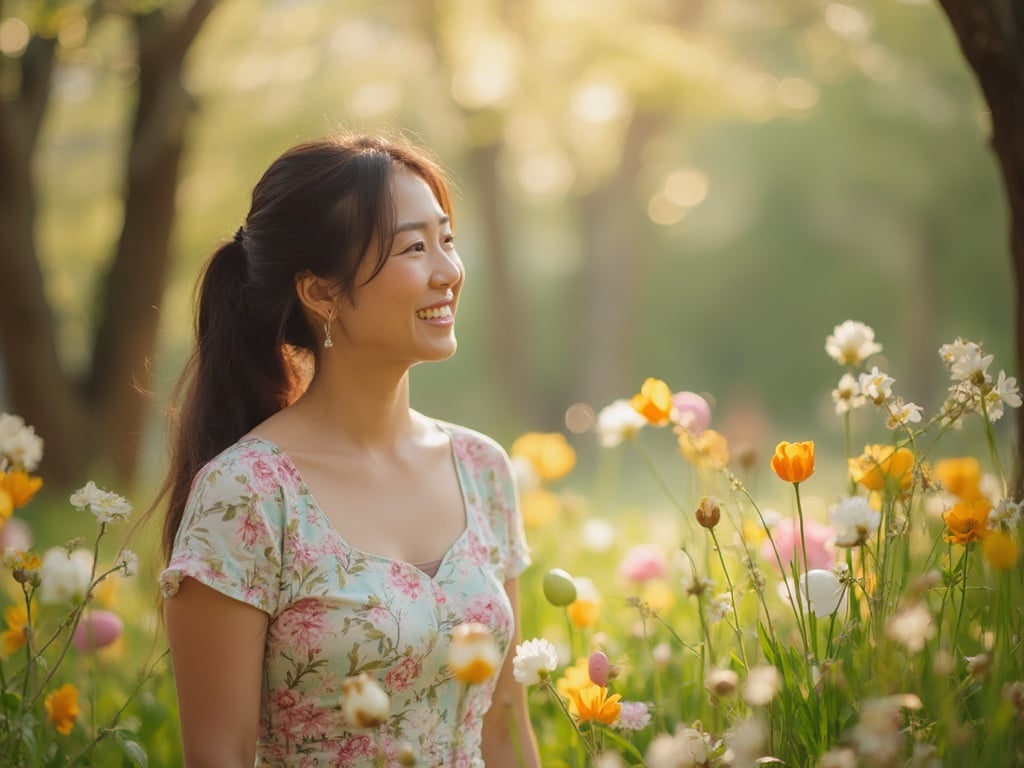 A 40-year-old Asian woman named Jane enjoying a serene moment during Easter celebrations. She is dressed in a light floral dress, standing in a beautifully decorated garden filled with Easter eggs and spring flowers. The scene captures a joyful ambiance with soft sunlight filtering through the trees, creating a warm and inviting atmosphere. Jane's expression reflects contentment and happiness as she participates in the festive spirit.