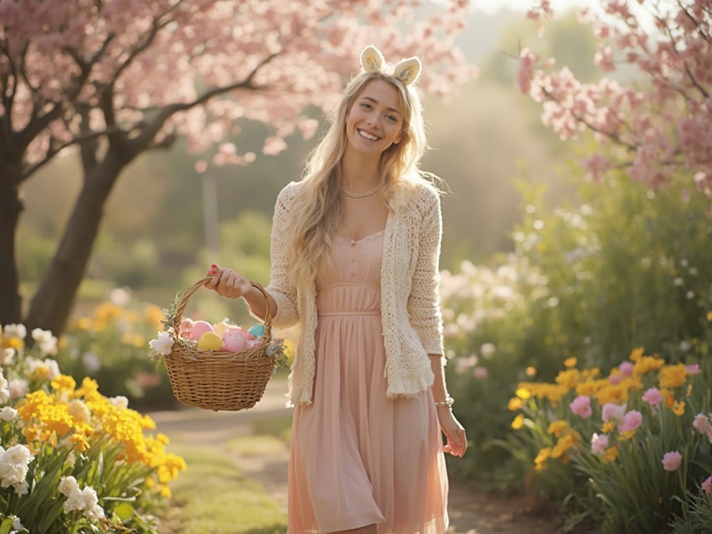 A 25-year-old white female, Jane, celebrating Easter in a picturesque spring setting, surrounded by blooming flowers and Easter decorations. She is wearing a pastel-colored dress, with a light cardigan, holding a basket filled with decorated eggs. The scene is vibrant, filled with sunlight and joy, capturing the essence of Easter celebrations with a backdrop of a beautifully landscaped garden.