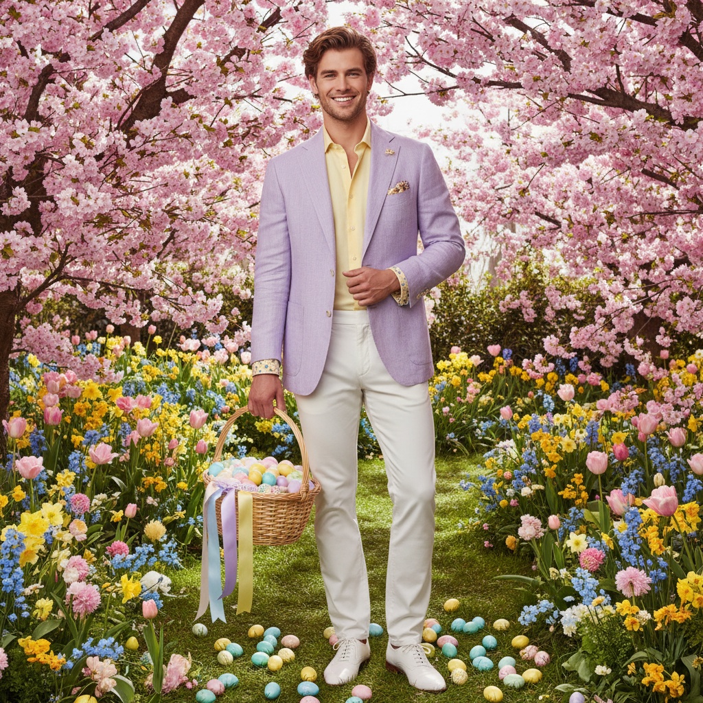 John, a striking 25-year-old white male, embodies the essence of spring in an Easter-themed photoshoot. He is dressed in a tailored pastel lavender blazer made from lightweight linen, paired with crisp white trousers and a buttercup yellow shirt beneath, with delicate floral prints peeking from the cuffs. He showcases a warm, inviting smile, with soft waves framing his face. The whimsical garden setting is filled with blossoms in full bloom and pastel-colored Easter eggs at his feet. Dappled sunlight filters through the branches, creating a soft glow. John holds a delicate wicker basket with pastel ribbons, filled with colorful eggs, capturing the joy and elegance of Easter in a light, airy composition. The overall mood is playful and stylish, perfect for a contemporary Easter editorial.