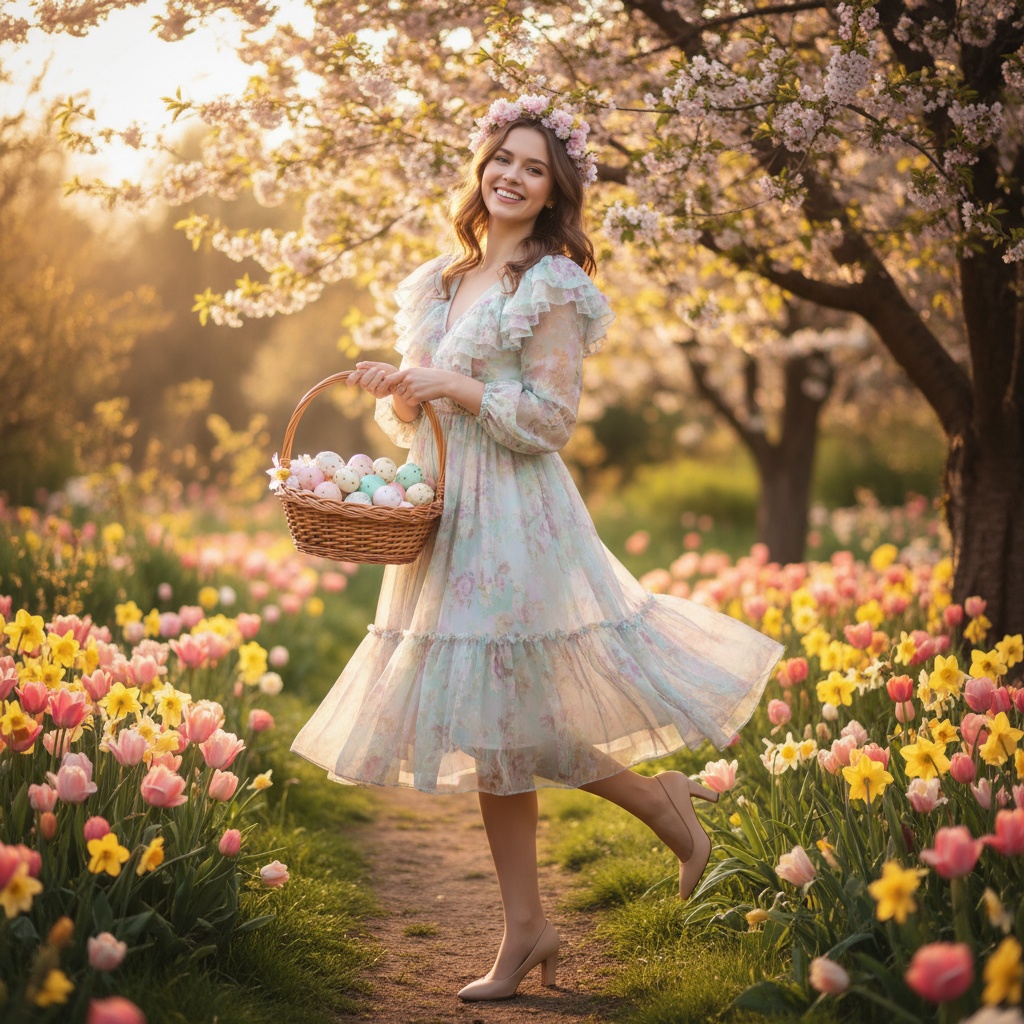 Olivia, a vibrant and youthful 23-year-old female figure, embodies the spirit of Easter in an enchanting outdoor garden setting bathed in soft, golden sunlight. She wears a pastel-hued, iridescent chiffon dress with delicate ruffle sleeves that flows into a whimsical tea-length skirt, reminiscent of blooming flowers. Adorned with a floral crown made from cherry blossoms and fresh greenery, Olivia holds a wicker basket filled with beautifully decorated eggs in soft pink, mint, and gold. Her carefree pose, one foot raised as if twirling, highlights her radiant smile amidst a lush garden of tulips and daffodils, creating an ethereal springtime fantasy. The image is a celebration of beauty and joy associated with Easter. The scene invites viewers into a whimsical world of renewal and delight.