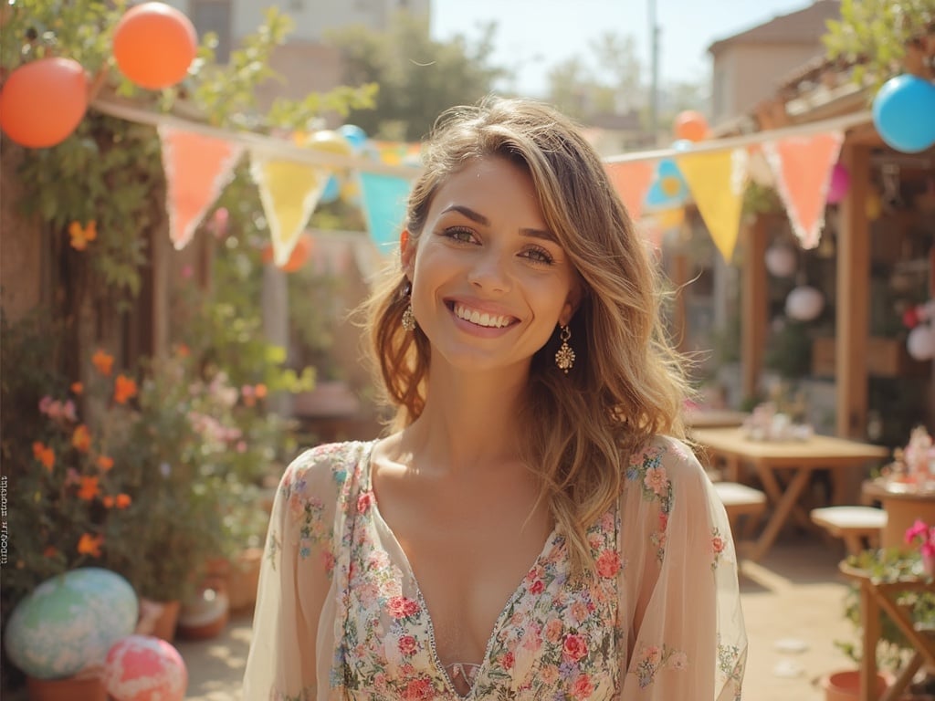 A 40-year-old Arab female, Sarah, is celebrating Easter in a vibrant outdoor setting filled with colorful decorations and festivities. She is dressed in a traditional yet stylish outfit that reflects her culture, with floral patterns and soft pastel colors. The background features Easter eggs and festive banners, capturing the spirit of the celebration and Sarah's joy during this special occasion.