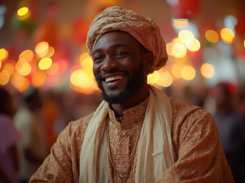 James, a 30-year-old Black male, dressed in traditional attire celebrating Eid. The setting showcases vibrant decorations, with colorful lights and festive elements in the background. A sense of joy and community pervades the scene, capturing the essence of the Eid celebration. His expression is one of happiness and warmth, embodying the spirit of togetherness during this significant holiday.