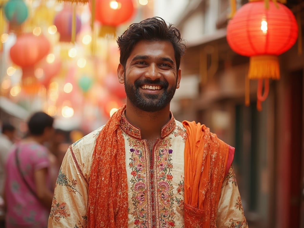 John, a 30-year-old Indian male, dressed in traditional festive attire for Eid celebrations. He wears a colorful kurta, with intricate patterns, and a matching dupatta draped over one shoulder. The background features vibrant decorations typical of Eid, with lanterns and lights hanging, capturing the joyful atmosphere of the festivities. John is smiling warmly, embodying the spirit of togetherness and celebration during this cultural occasion.